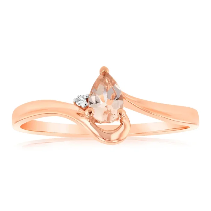 Natural Pear Shape Morganite 6x4mm & small Diamonds in 9ct Yellow Gold