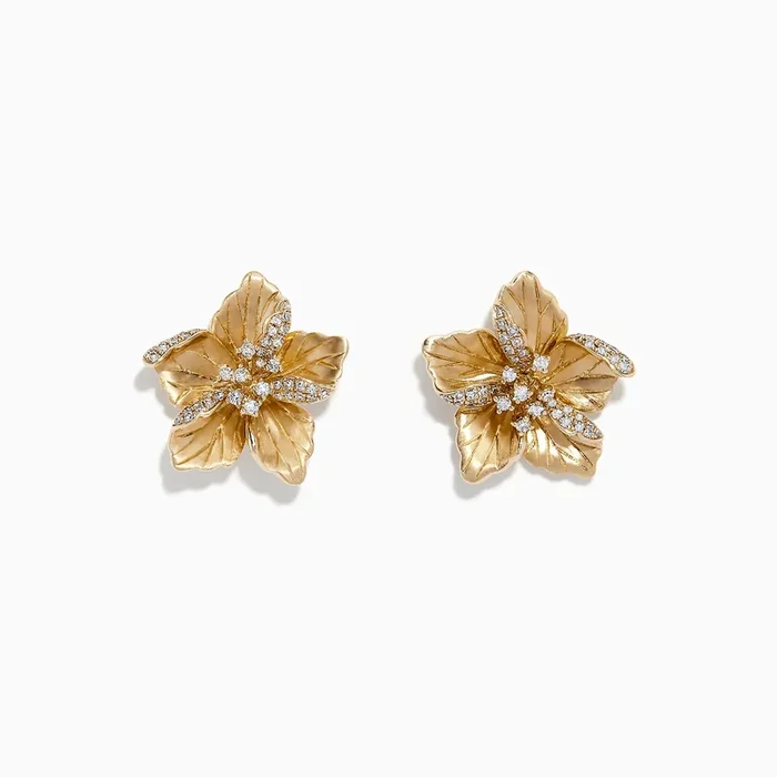Nature 14K Yellow Gold Diamond Flower Earrings, 0.32 TCW