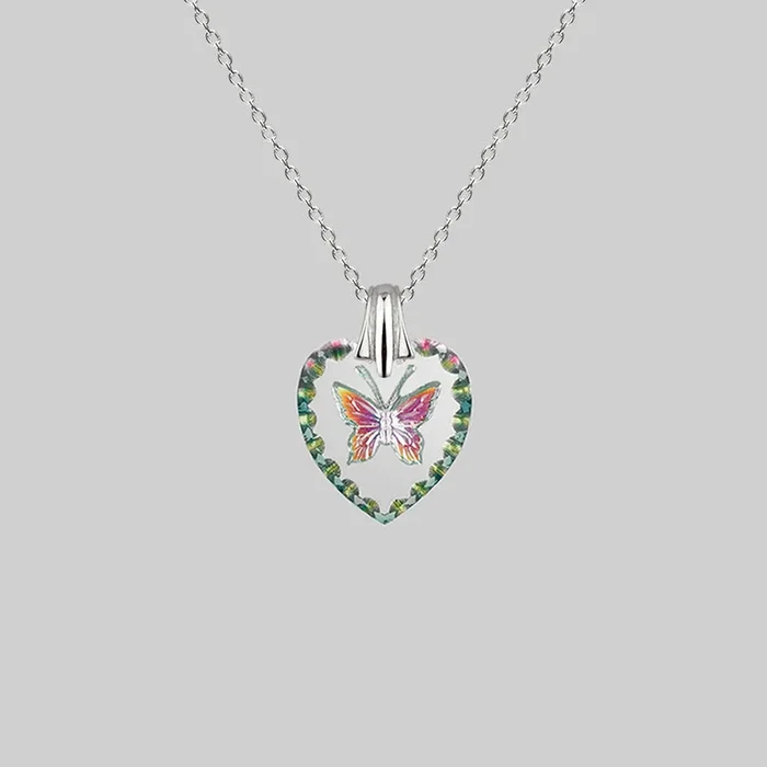 NEW DAWN. Butterfly Engraved Glass Heart Necklace – Silver
