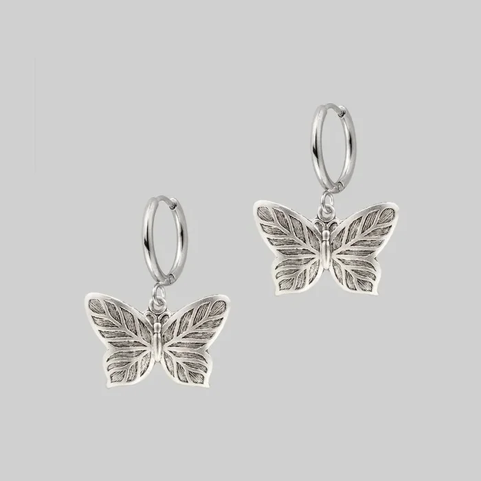 NEW DAWN. Butterfly Hoop Earrings – Silver