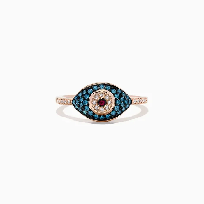 Novelty 14K Gold Ruby,White & Blue Diamond Evil Eye Ring, 0.29 TCW