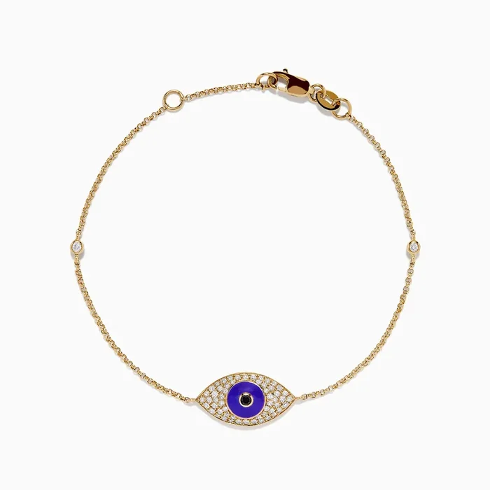 Novelty 14K Yellow Gold Purple Enamel Black and White Diamond Evil Eye Bracelet