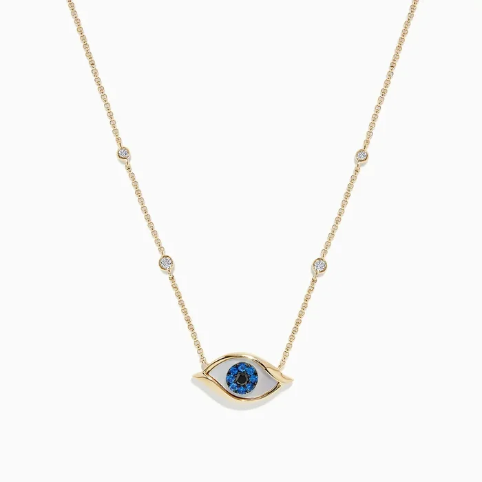 Novelty 14K Yellow Gold Sapphire and Diamond Evil Eye Necklace
