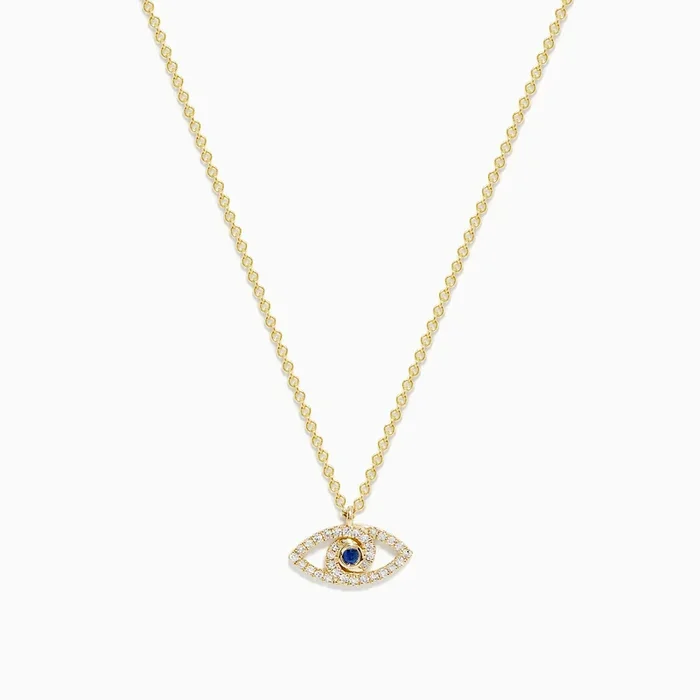Novelty 14K Yellow Gold Sapphire and Diamond Evil Eye Pendant