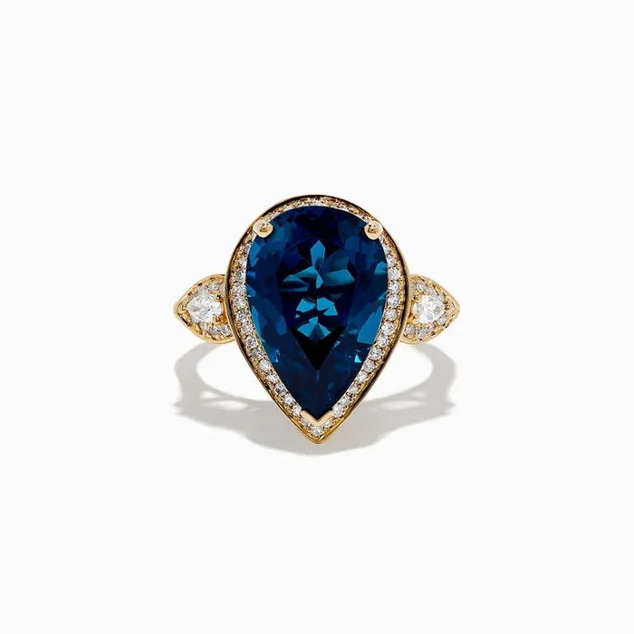 Ocean Bleu 14K Yellow Gold Pear Shaped Blue Topaz and Diamond Cocktail Ring