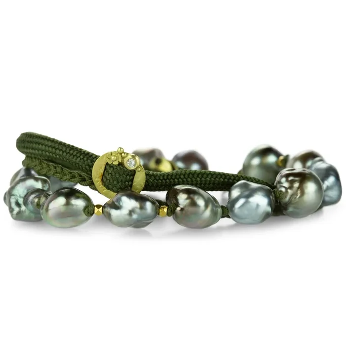 Olive Green Cord Keshi Pearl Bracelet