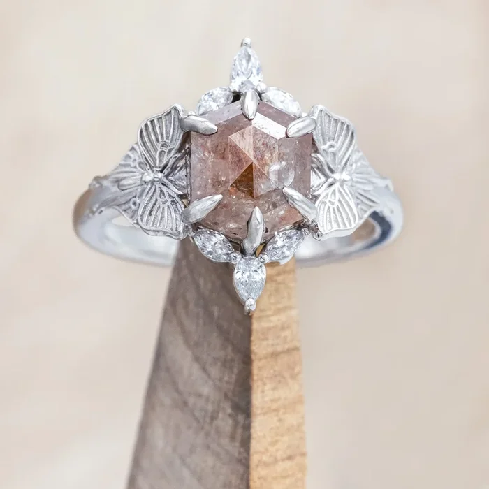 ONE-OF-A-KIND – “LUNA” – MOTH-INSPIRED ENGAGEMENT RING FEATURING HEXAGON ROSE CUT SALT & PEPPER DIAMOND WITH DIAMOND ACCENTS