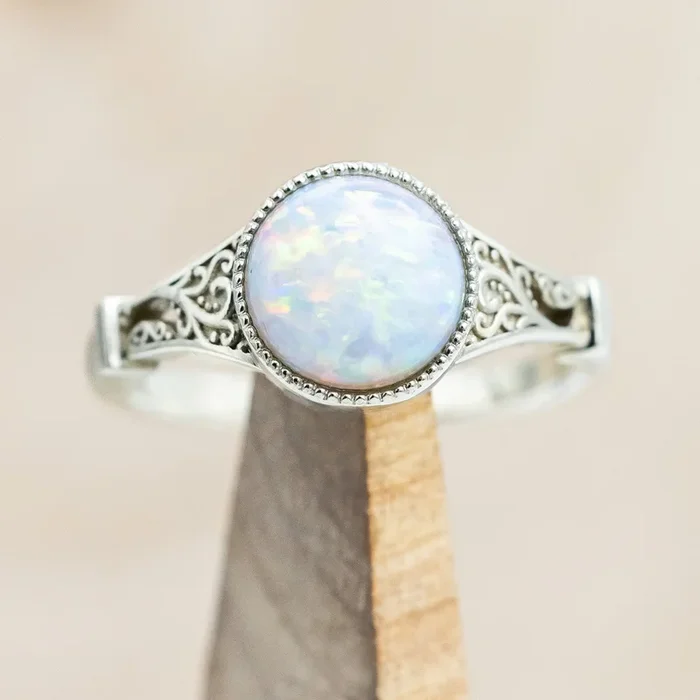 ONE-OF-A-KIND – “SELENE” – ROUND CABOCHON CUT AUSTRALIAN OPAL ENGAGEMENT RING WITH CRESCENT MOON ACCENTS