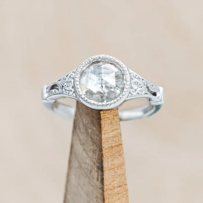 ONE-OF-A-KIND – “SELENE” – ROUND ROSE CUT LAB-GROWN DIAMOND ENGAGEMENT RING WITH CRESCENT MOON ACCENTS