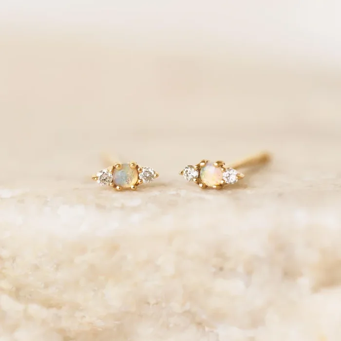 Opal & Diamond Stud Earrings 14k Gold – Kelda