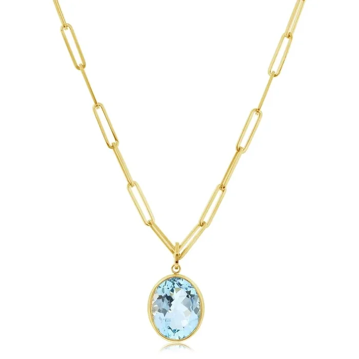 Oval Aquamarine Pendant & Paperclip Chain Necklace