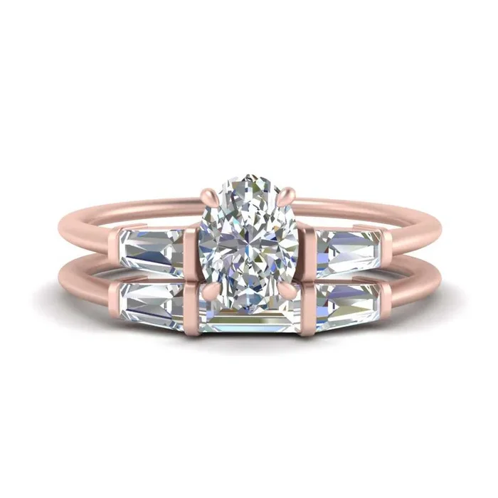 Oval Cut 3 Stone Baguette Bar Wedding Set