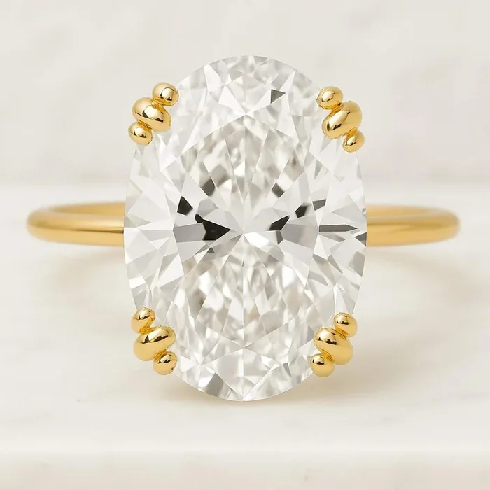Oval Cut Lab Created Diamond Engagement Ring, Three Claw Prong 14K Gold Wedding Ring