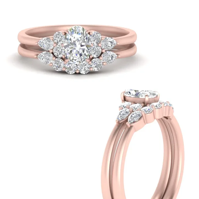 Oval Diamond Cluster Accent Wedding Ring Set