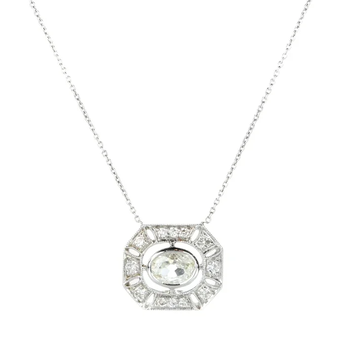 Oval Old Mine Cut Diamond Pendant Necklace