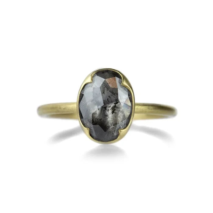 Oval Rose Cut Salt and Pepper Diamond Ring