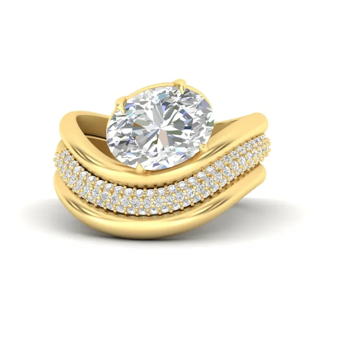 Oval Shaped Dual Bands with Wave Solitaire Ring
