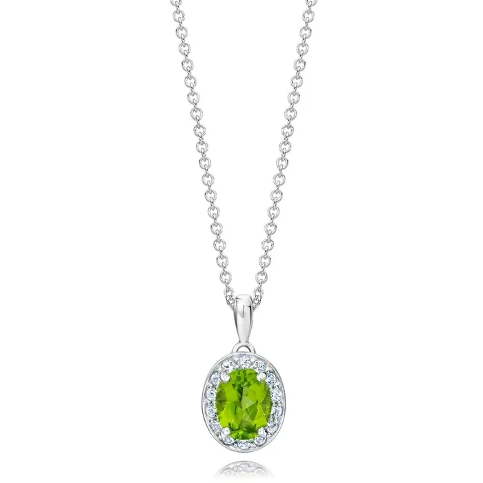 Oval Shaped Peridot & White Topaz Halo Pendant set in 925 Silver