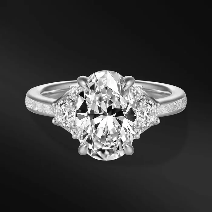 Oval Star – Ring for Women | 2 CT Oval Certified Moissanite Engagement Ring | Natural Meteorite Inlay | Halo Design