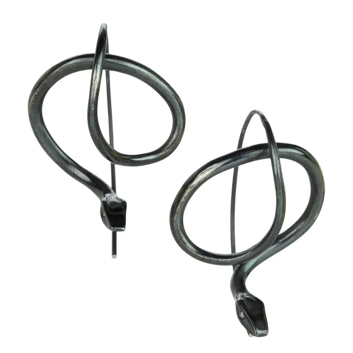Oxidized Silver Serpent Earrings with Diamonds