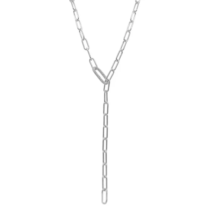 Paper Clip Chain Lariat Necklace with Crystal Adjustable Lock