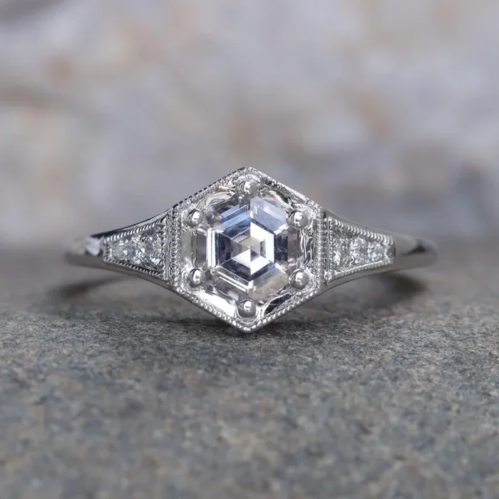 Pastel Lilac Hexagon Sapphire & Diamond Ring