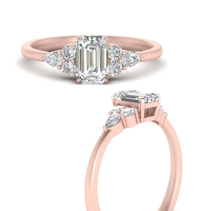 Pear Accented Simple Emerald Diamond Engagement Ring