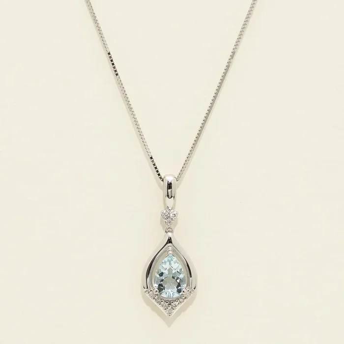 Pear Shape Aquamarine Necklace in 14kt White Gold with Diamonds (1/20ct tw)