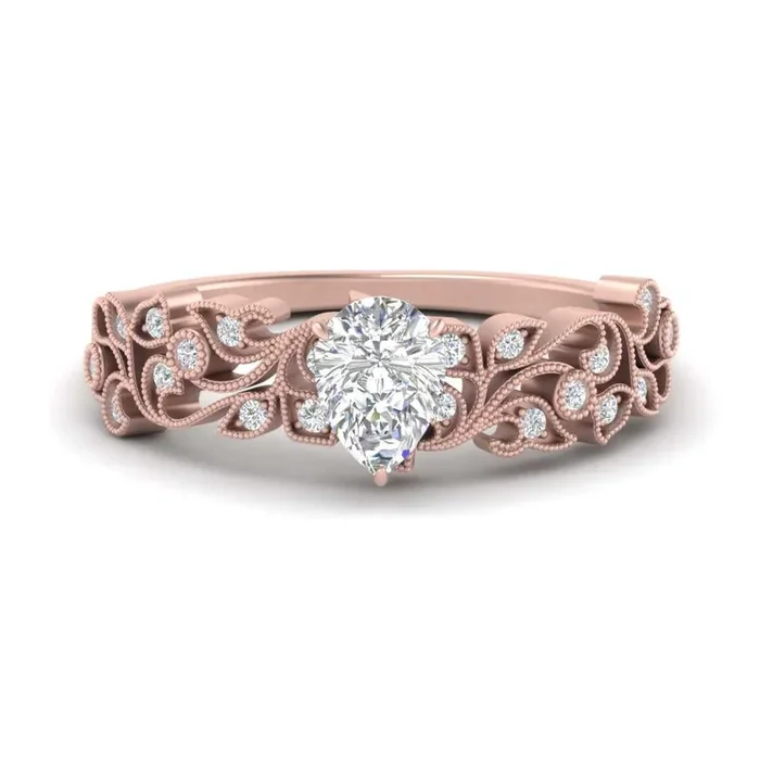 Pear Shaped Filigree Wide Band Engagement Ring