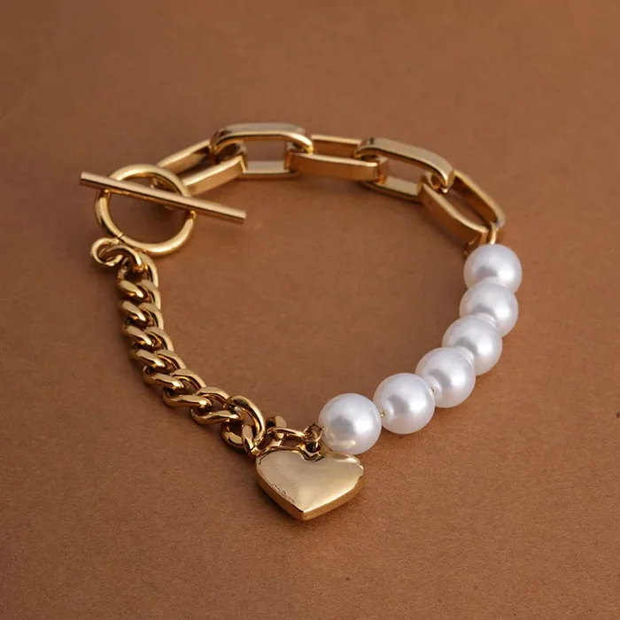 Pearl & Chain Link Heart Bracelet