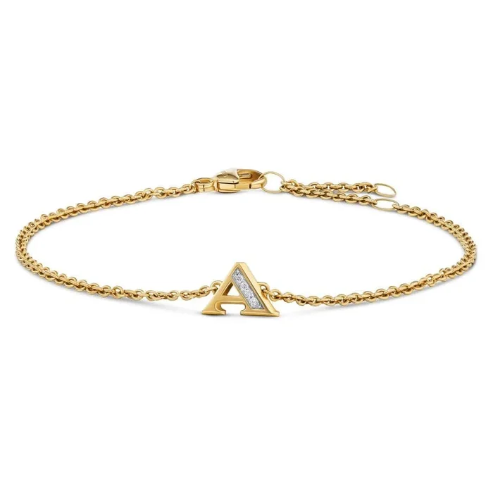 Petite Pavé Initial Chain Bracelet in 18K Yellow Gold with Diamond A
