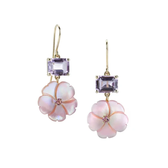 Pink Mother of Pearl Flower Earrings with Amethyst