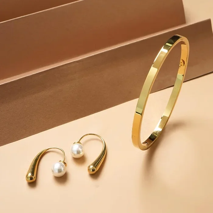 Plain Stackable Bangle Bracelet |4MM & Pearl Hook Earrings Combo Set