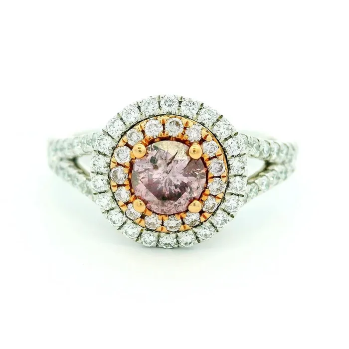 Platinum And 18K Rose Gold Halo Pink Diamond Ring