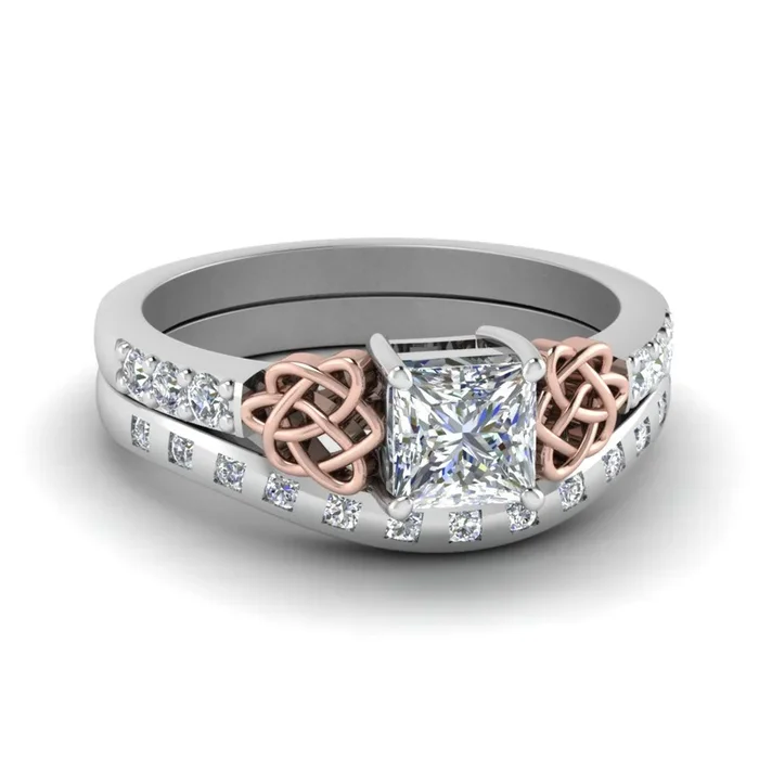 Princess Cut Celtic Two Tone Ring And Matching Band