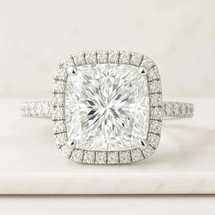 Princess Cut Moissanite Halo Engagement Ring with Pavé Set in 14k Gold