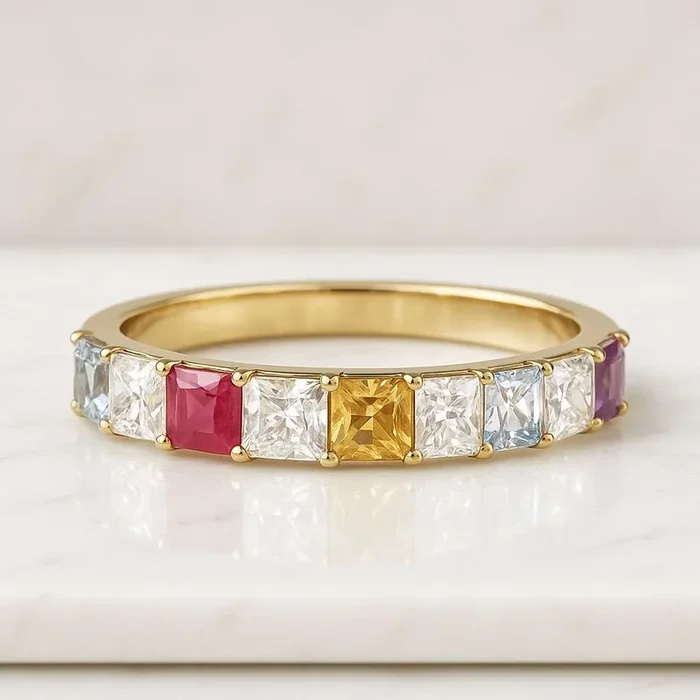 Princess Cut Multicolor Gemstone Wedding Band
