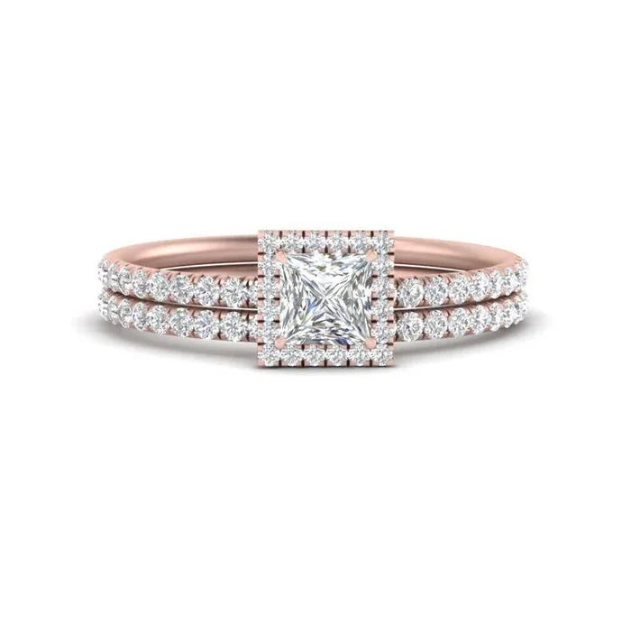 Princess Shaped Halo Wedding Ring Set