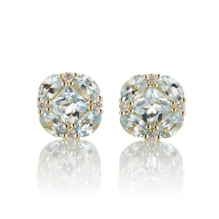 Quadrille Stud Earrings in Aquamarines & Diamonds