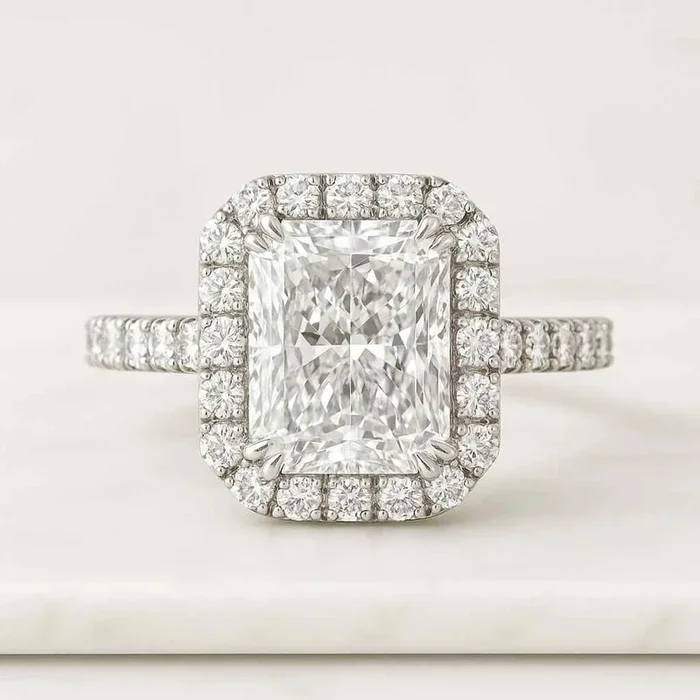 Radiant Cut Halo Moissanite Engagement Ring Pave Set Eternity Diamond Ring