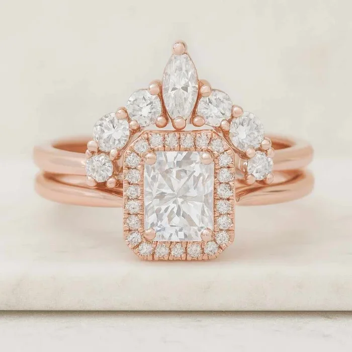 Radiant Cut Moissanite Diamond Engagement Ring Set Art Deco Unique Bridal Set