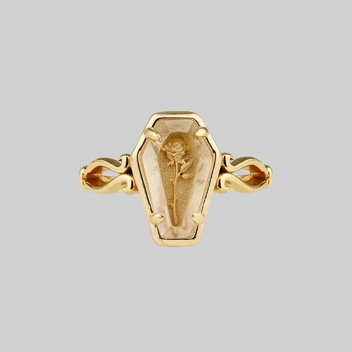 REBIRTH. Rose Under Glass Coffin Ring – Gold