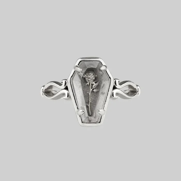 REBIRTH. Rose Under Glass Coffin Ring – Silver