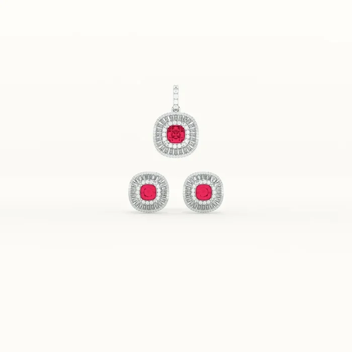 Red Crystal Halo 925 Sterling Silver Pendant Earring Set