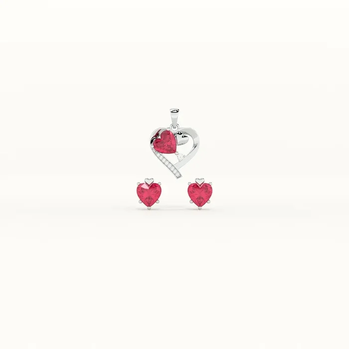 Red Heart 925 Sterling Silver Pendant Earrings Set