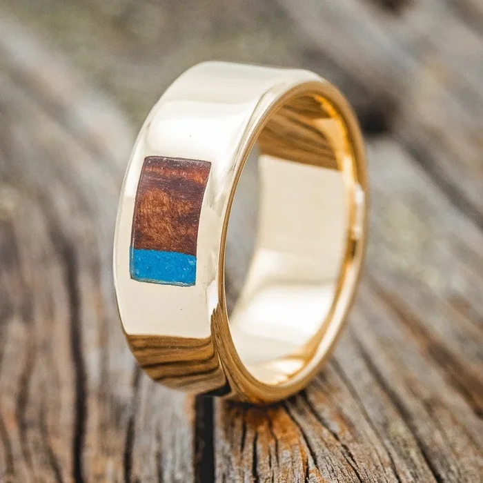 REDWOOD & TURQUOISE WEDDING RING FEATURING A 14K GOLD BAND