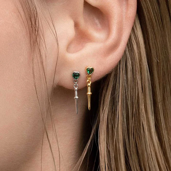 REIGN. Green Heart & Dagger Drop Earrings – Gold