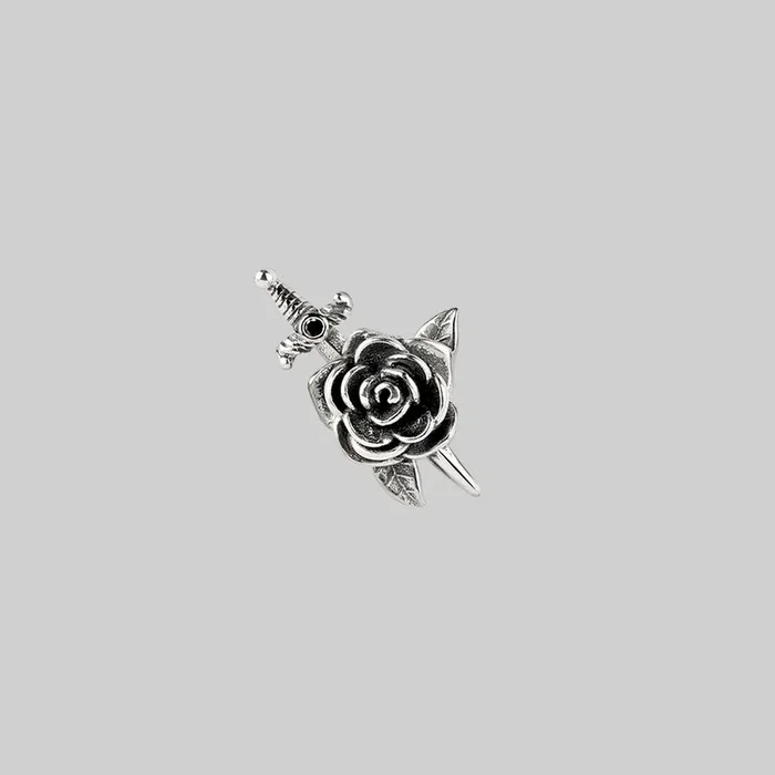 RHAPSODY. Dagger Through Rose Stud Earring – Silver