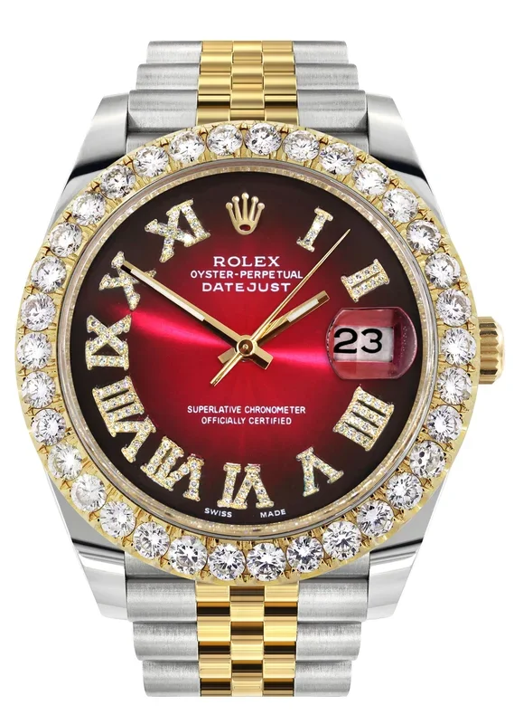 Rolex Datejust 41 Watch | 41 MM | 18K Yellow Gold & Stainless Steel | Custom Red Black Roman Dial | Jubilee Band
