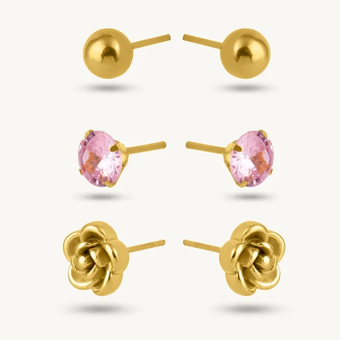 Rosette Glow Pink CZ & Pearl Stud Set